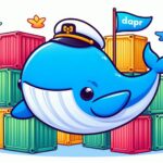 A whale wearing a captain hat in front of containers